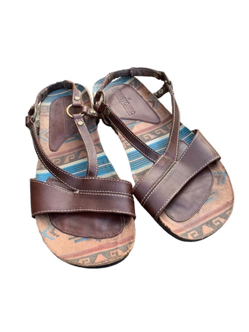 Minnetonka Strappy Aztec Print Brown Leather Comfort Sandals Women’s size 7